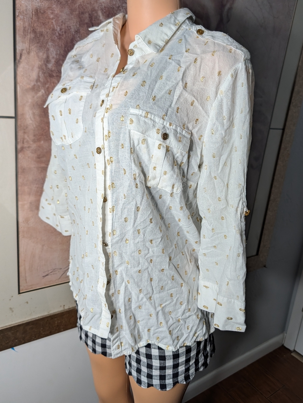 Jaclyn Smith White Shirt Jacket with Gold Dot Details Size L